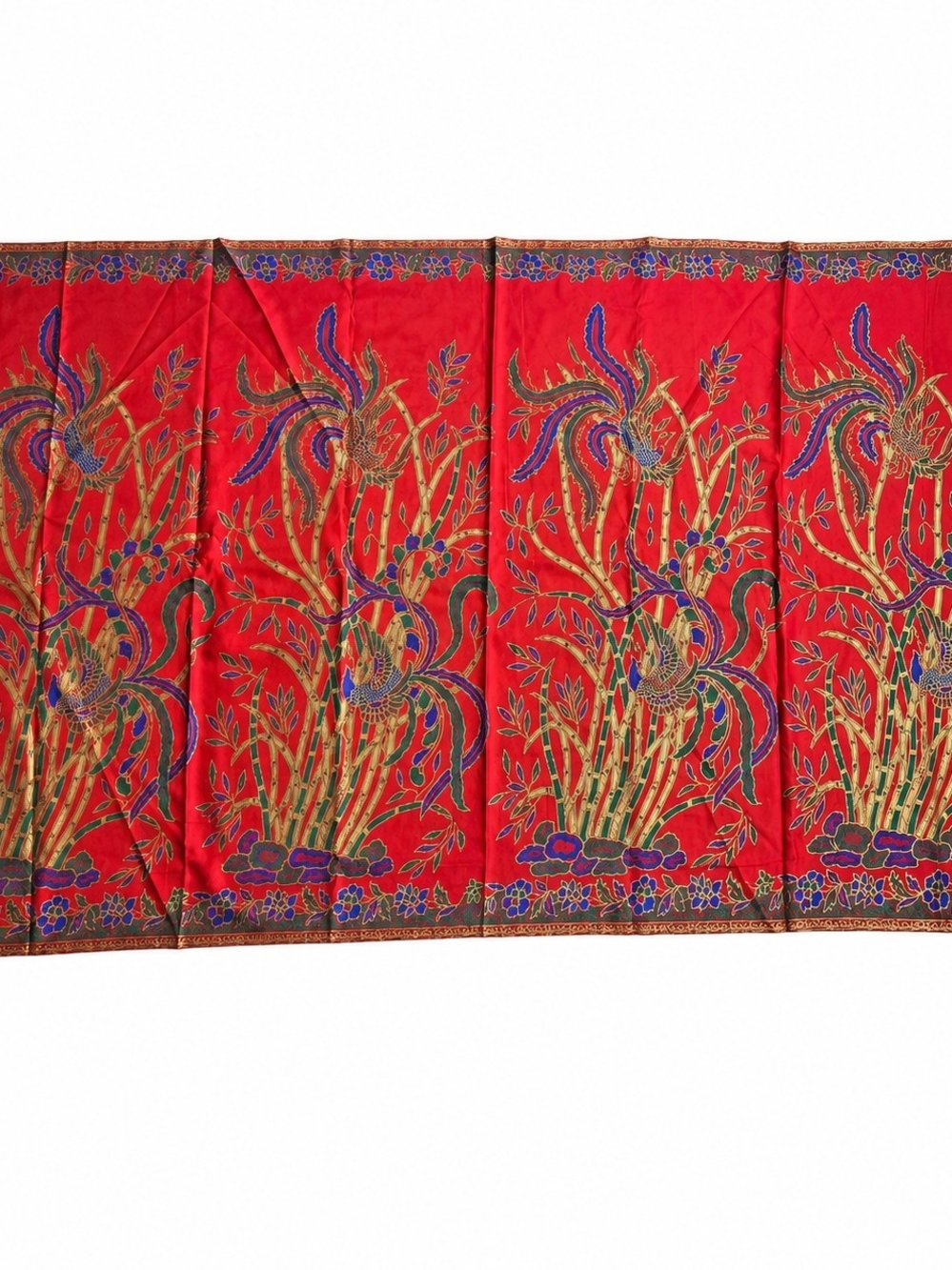 Vintage Asian Phoenix Bamboo Tapestry Wall Hanging Red Gold 75x43 Textile